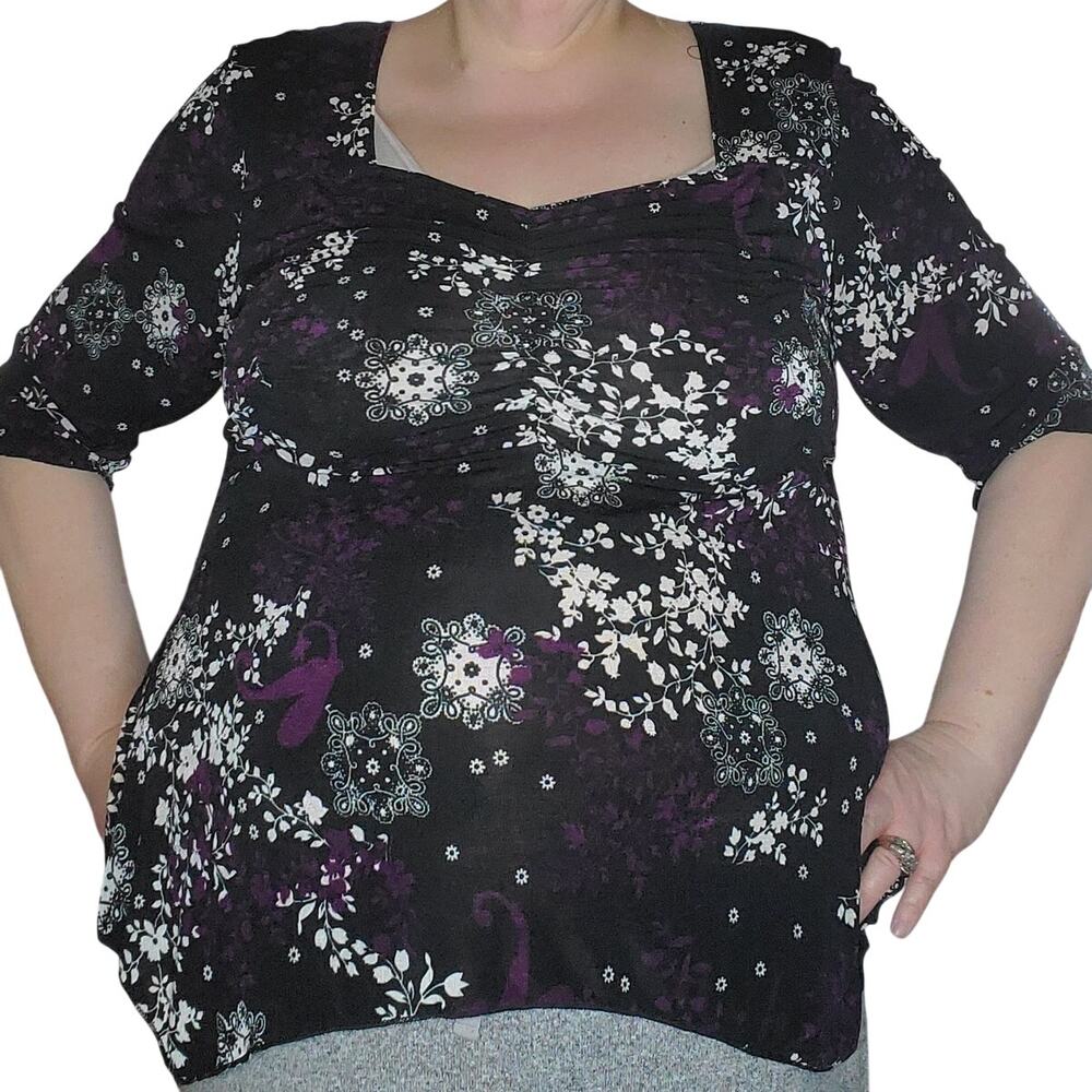 Jananas Vintage Y2K Floral Empire Waist Top Black Purple 1X Indie Whimsigoth USA